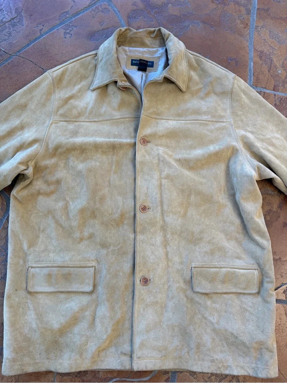 VTG Banana Republic Men's Beige Suede Leather Jacket Button Front Pockets 2XL